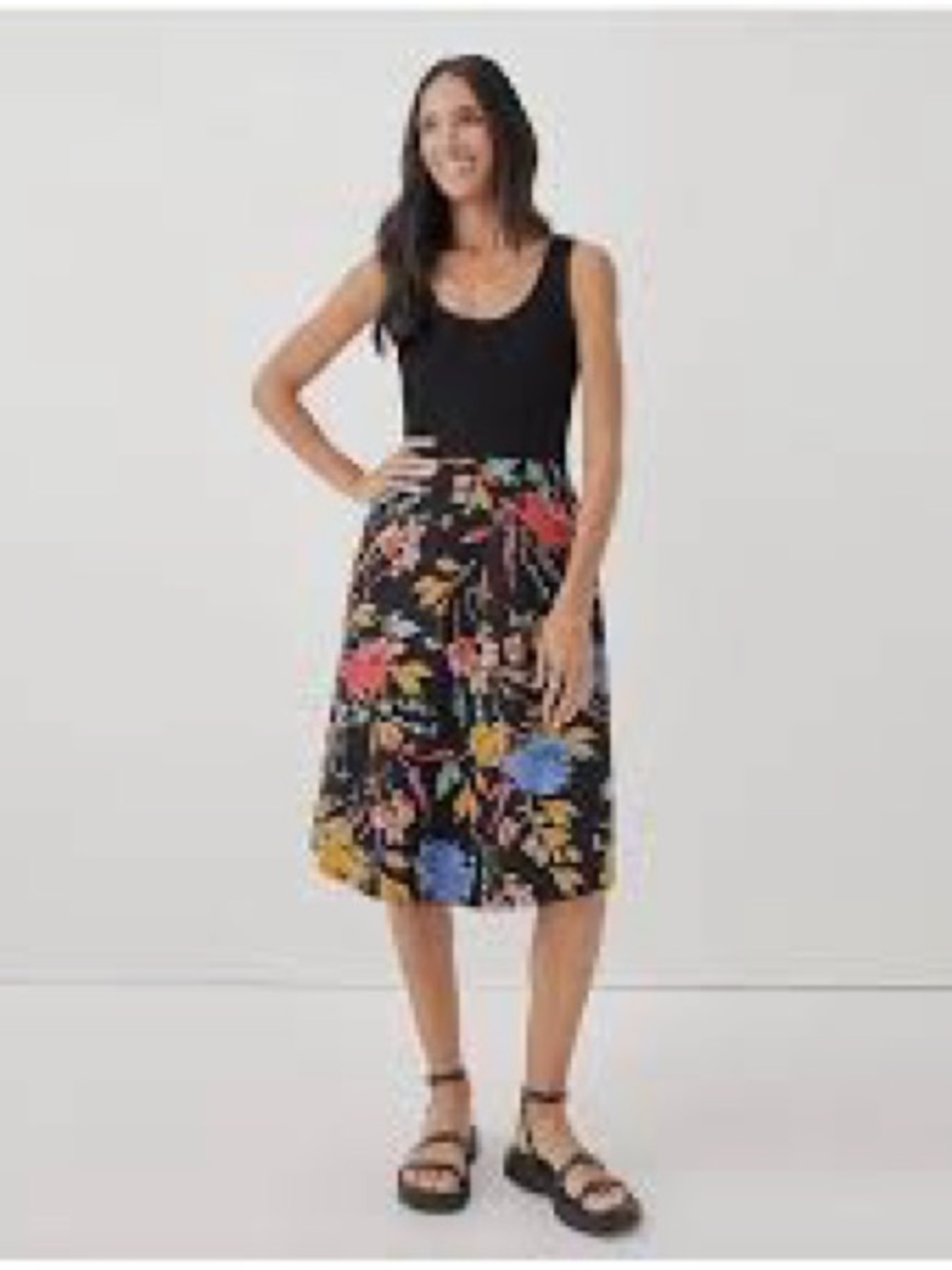 Pact Organic Fit & Flare Black and Floral Midi Dress